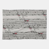 グレーモダン樺の木の木と赤(鳥)ショウジョウコウカンチョウの鳥 キッチンタオル (横)