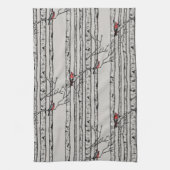 グレーモダン樺の木の木と赤(鳥)ショウジョウコウカンチョウの鳥 キッチンタオル (縦)