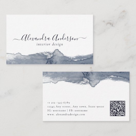 グレーモダン水彩書道ミニマルQRコード 名刺 (正面/裏面)