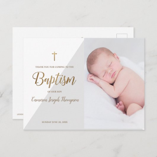 グレーモダン男の赤ちゃんフォトバプテスマありがとう ポストカード (正面/裏面)