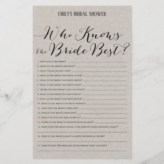 グレーモダン素朴ブライダルシャワーゲーム印刷 (正面)