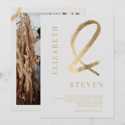 グレーモダン金ゴールドアンパサンドはphotoの名結婚前 招待状 (正面/裏面)