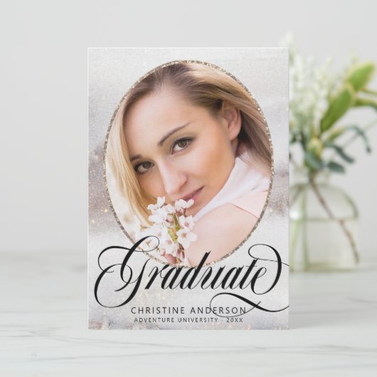 グレーモダン金ゴールドグリッター写真卒業パーティー 招待状 (スタンド正面)