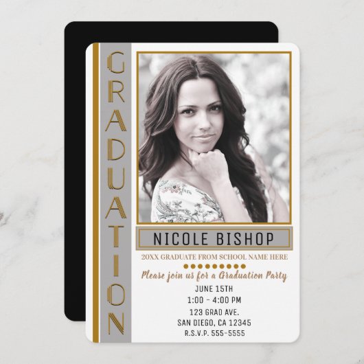 グレーモダン金ゴールド卒業会院写真 招待状 (正面/裏面)