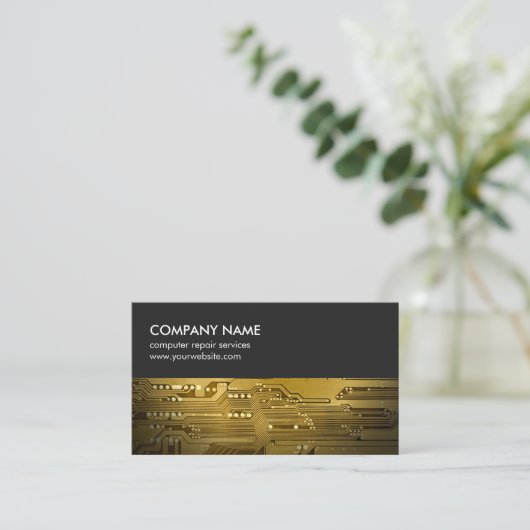 グレーモダン金ゴールド回路基板コンピュータの修復 名刺 (スタンド正面)