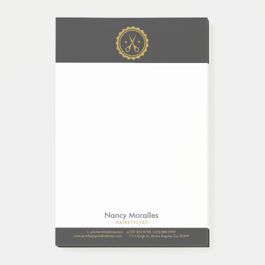 グレーモダン金ゴールド&ホワイトヘアスタイリストのシザーズロゴ ポストイット (正面)