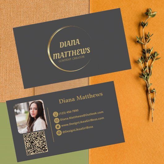 グレーモダン金ゴールド、QRコードプロフェッショナル写真 名刺