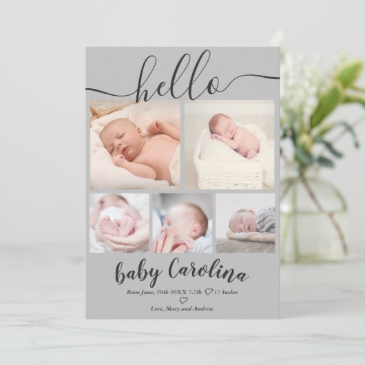 グレーモダン5グリッドフォトベビーガール誕生 案内状 (スタンド正面)