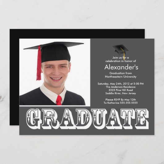 グレーモダン·フォト卒業パーティー 招待状 (正面/裏面)