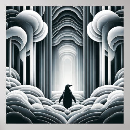 グレーモノクロローヴィーベビーペンギンアールデコ ポスター