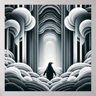 グレーモノクロローヴィーベビーペンギンアールデコ ポスター