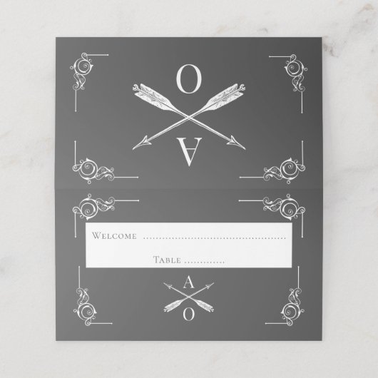 グレーモノグラムと矢印披露宴座席表 プレイスカード (外部開封)