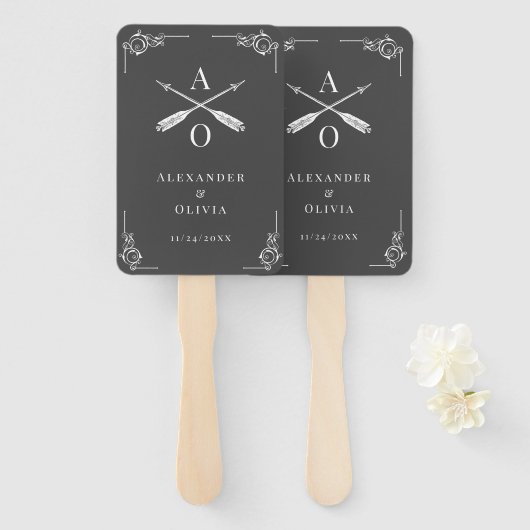 グレーモノグラムと矢印結婚式の引き出物ハンドファン ハンドファン (正面&裏面)