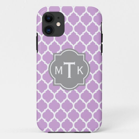 グレーモノグラムのモダンと薄紫の格子パターン Case-Mate iPhoneケース (裏面)