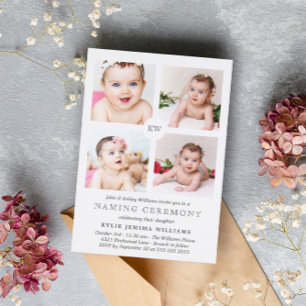 グレーモノグラムの写真コラージュの命名式 シーズンカード