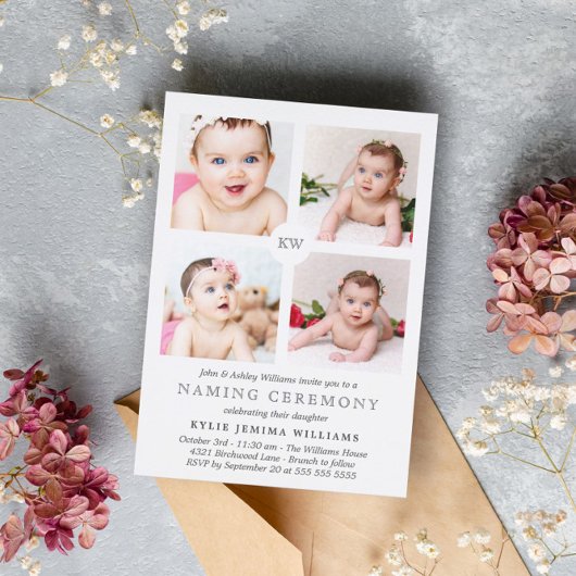 グレーモノグラムの写真コラージュの命名式 シーズンカード