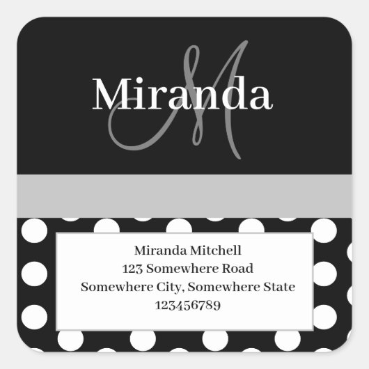 グレーモノグラムホワイト水玉模様差出人住所 スクエアシール (正面)