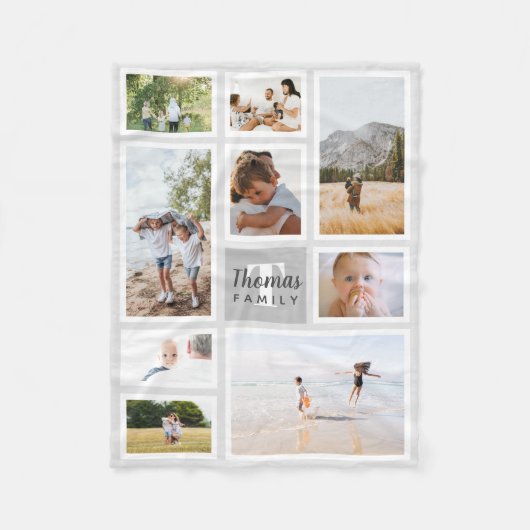 グレーモモダンノクロファミリーフォトコラージュ フリースブランケット (正面)