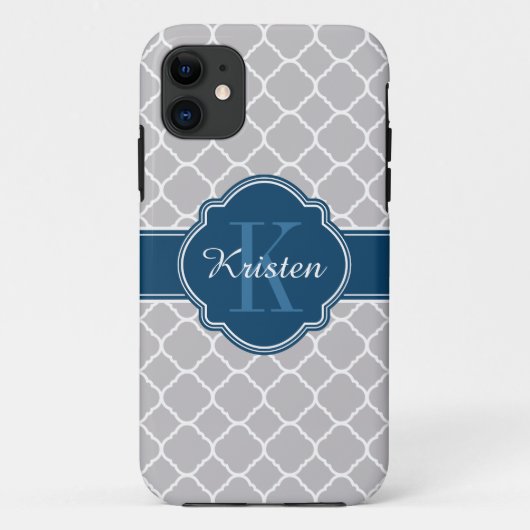 グレーモロッコクローバーパターンブルーモノグラム Case-Mate iPhoneケース (裏面)