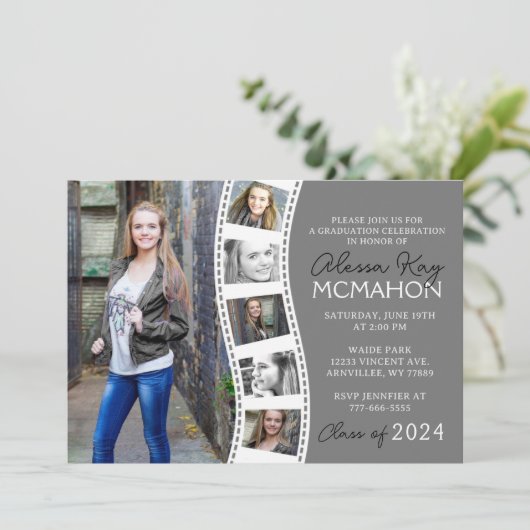 グレーユニークとホワイトフィルムストリップ6写真卒業 招待状 (スタンド正面)