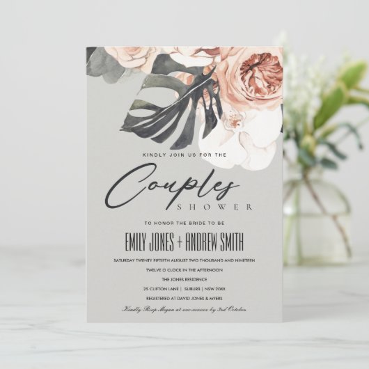 グレーラストフローラモンストレラカップルのシャワー招待状 サンキューカード (スタンド正面)