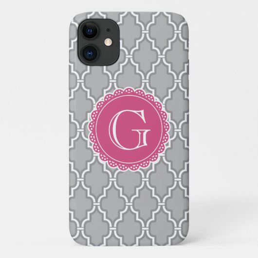 グレーラティスフローラピンクモノグラム Case-Mate iPhoneケース (裏面)