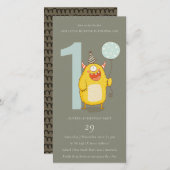 グレーリトルイエローモンスターニーエイジ誕生日招待状 サンキューカード (正面/裏面)