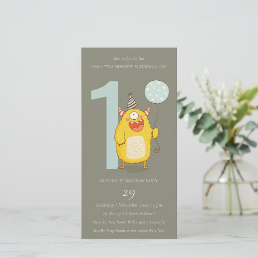 グレーリトルイエローモンスターニーエイジ誕生日招待状 サンキューカード (スタンド正面)