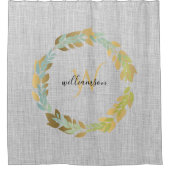 グレーリネンウィズ金ゴールドリースファームハウスモノグラムの シャワーカーテン (正面)