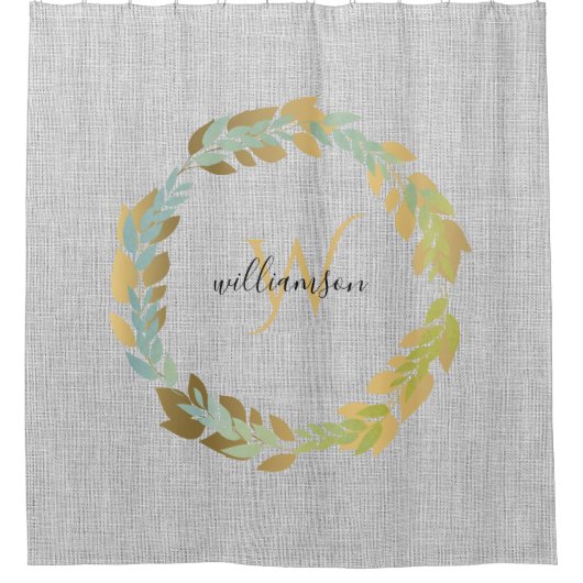 グレーリネンウィズ金ゴールドリースファームハウスモノグラムの シャワーカーテン (正面)