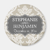 グレーリネン ベージュ ダマスク パターン ウェディング フェイバー マグネット (正面)