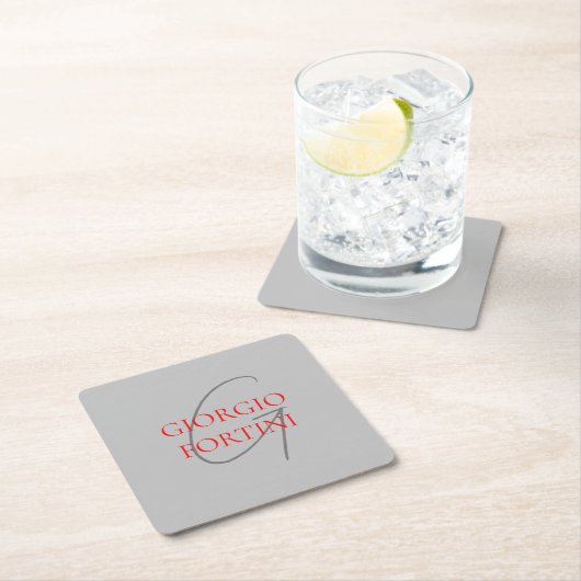 グレーレッドあなたの名前イニシャルモノグラムモダン スクエアペーパーコースター (インサイチュ)