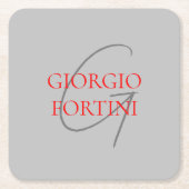 グレーレッドあなたの名前イニシャルモノグラムモダン スクエアペーパーコースター (正面)