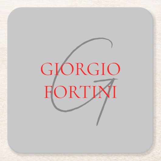 グレーレッドあなたの名前イニシャルモノグラムモダン スクエアペーパーコースター (正面)