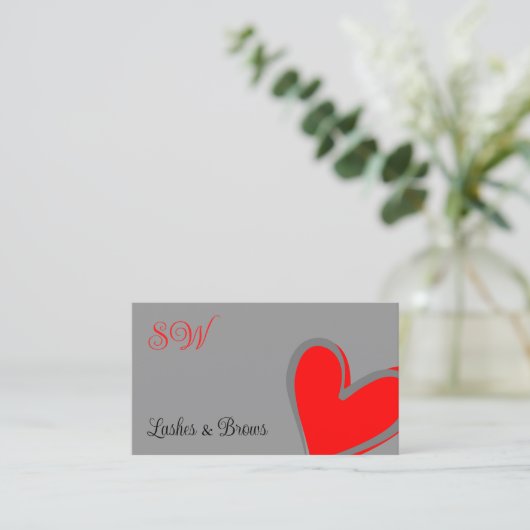 グレーレッドかわいいハートシックとモノグラムと写真 名刺 (スタンド正面)