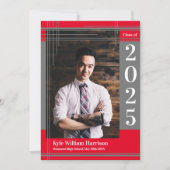 グレーレッドスクールカラー卒業写真プレイド 招待状 (正面)