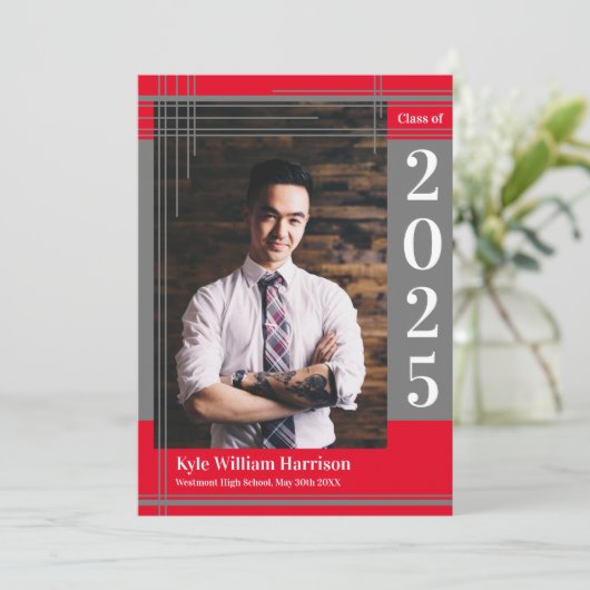 グレーレッドスクールカラー卒業写真プレイド 招待状 (スタンド正面)