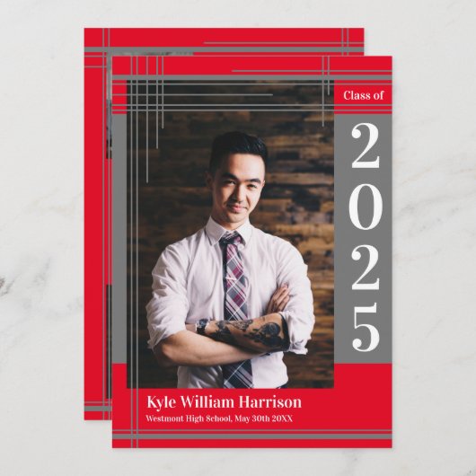 グレーレッドスクールカラー卒業写真プレイド 招待状 (正面/裏面)