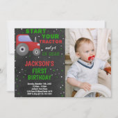 グレーレッドトラクター誕生日招待状と写真 招待状 (正面)