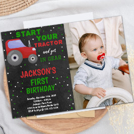 グレーレッドトラクター誕生日招待状と写真 招待状