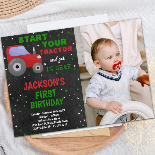 グレーレッドトラクター誕生日招待状と写真 招待状