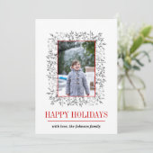 グレーレッドベリーリーフハッピーホリデーズクリスマスフォト シーズンカード (スタンド正面)