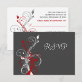 グレーレッドホワイトの花柄RSVPカード 出欠カード (正面/裏面)
