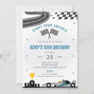 グレーレーシングカーの誕生日パーティーの招待状 招待状