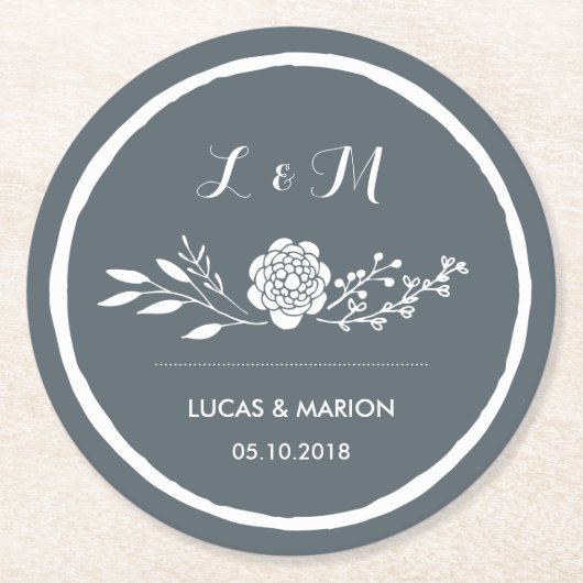 グレーヴィンテージフラワーブーケモノグラムウェディングパーティー ラウンドペーパーコースター (正面)