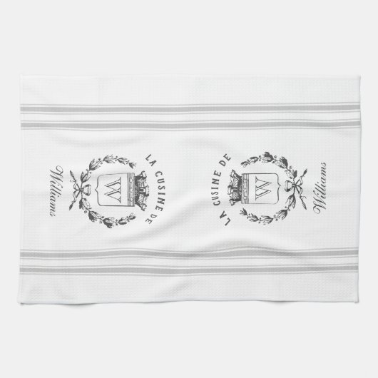 グレーヴィンテージフランスのスタイルサックと名前をカスタムする キッチンタオル (横)