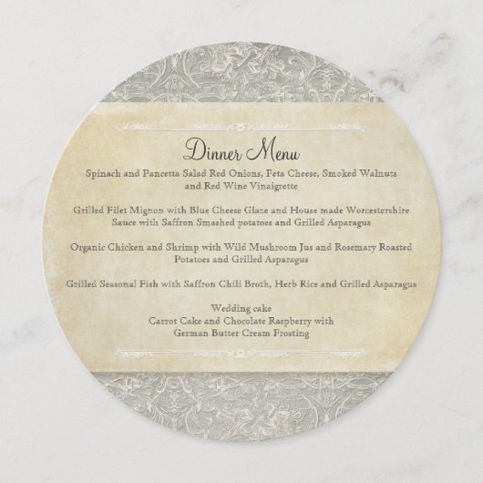 グレーヴィンテージフランスのリージェンシーレースウェディング メニュー (正面)