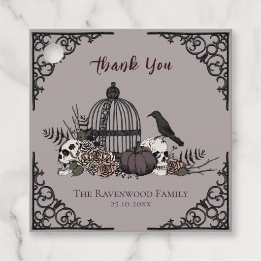 グレー不気味ゴシックスカルとバラありがとう フェイバータグ (正面)