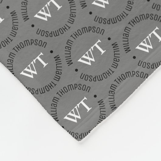 グレー全体にスタンプされた名前(円モノグラム) フリースブランケット (角)
