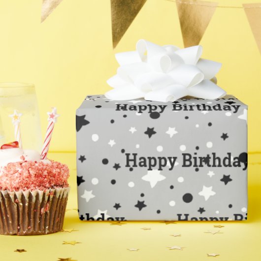 グレー包装紙の誕生日星 ラッピングペーパー (誕生日パーティー)